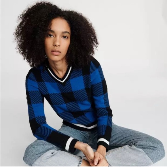 NWT rag and bone varsity V neck Blue and Black Checkered plaid women’s Sweater - Picture 2 of 7
